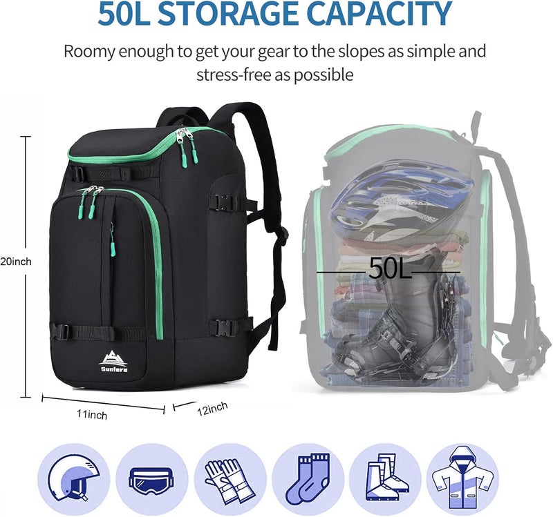 FeedMoo Ski Boot Bag Black Cooler Backpack 50L Waterproof Snowboard Travel Luggage Snow Bags for Youth Men Ski Helmet Goggles Gloves Skiing Gear Accessories - Image 2